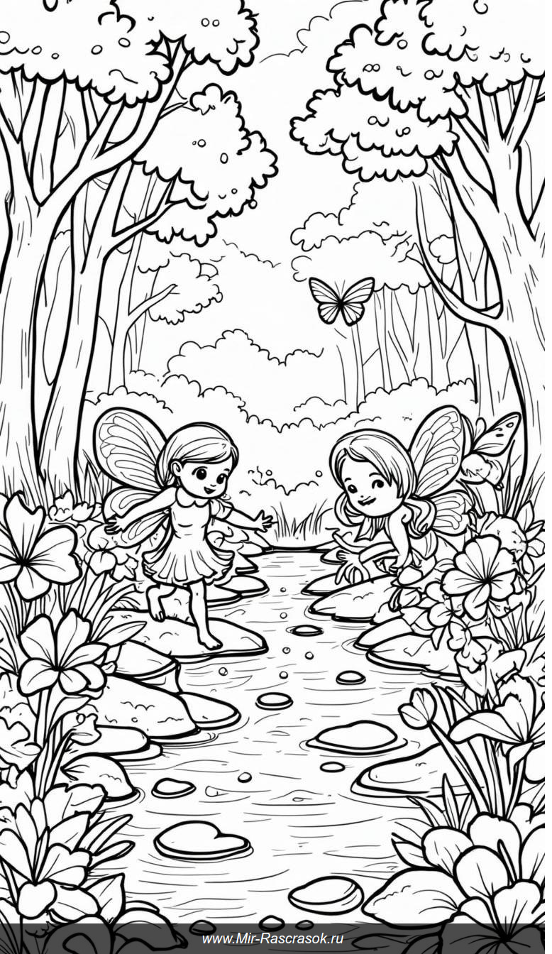 Волшебный лес для раскрашивания с феями и цветами