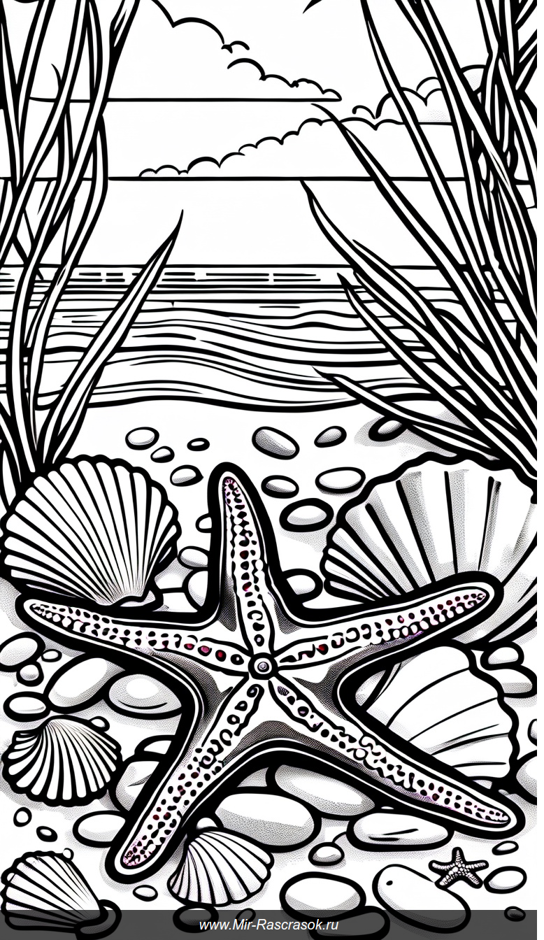 Расслабляющая раскраска с морским берегом и большим морским звездочетом