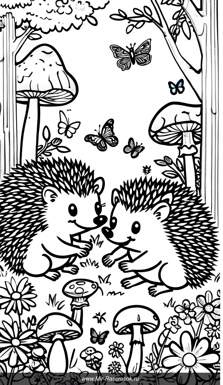 Весёлые ёжики в лесной поляне раскраска для детей