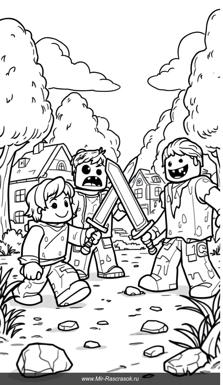 Веселая битва Роблокс детей с забавными зомби в раскраске