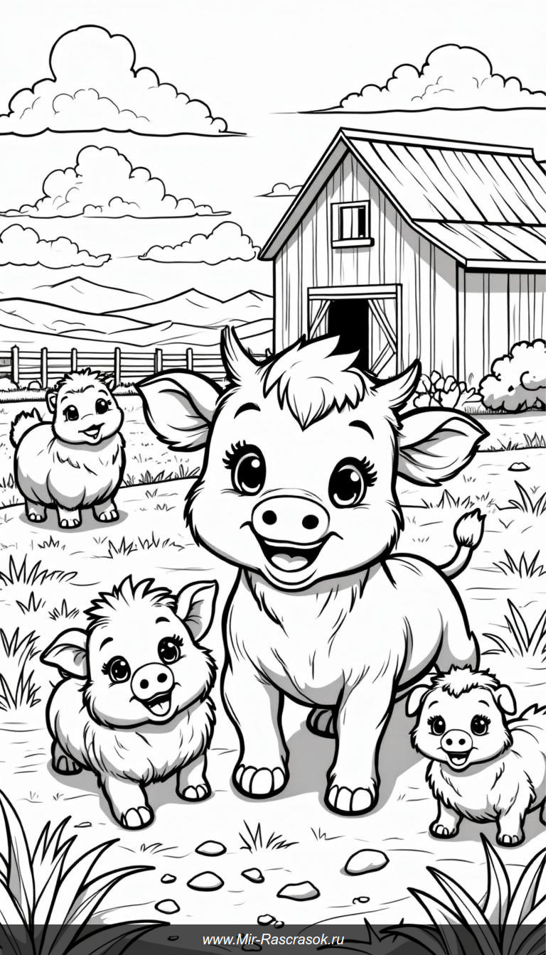 Веселые фермерские животные в раскраске