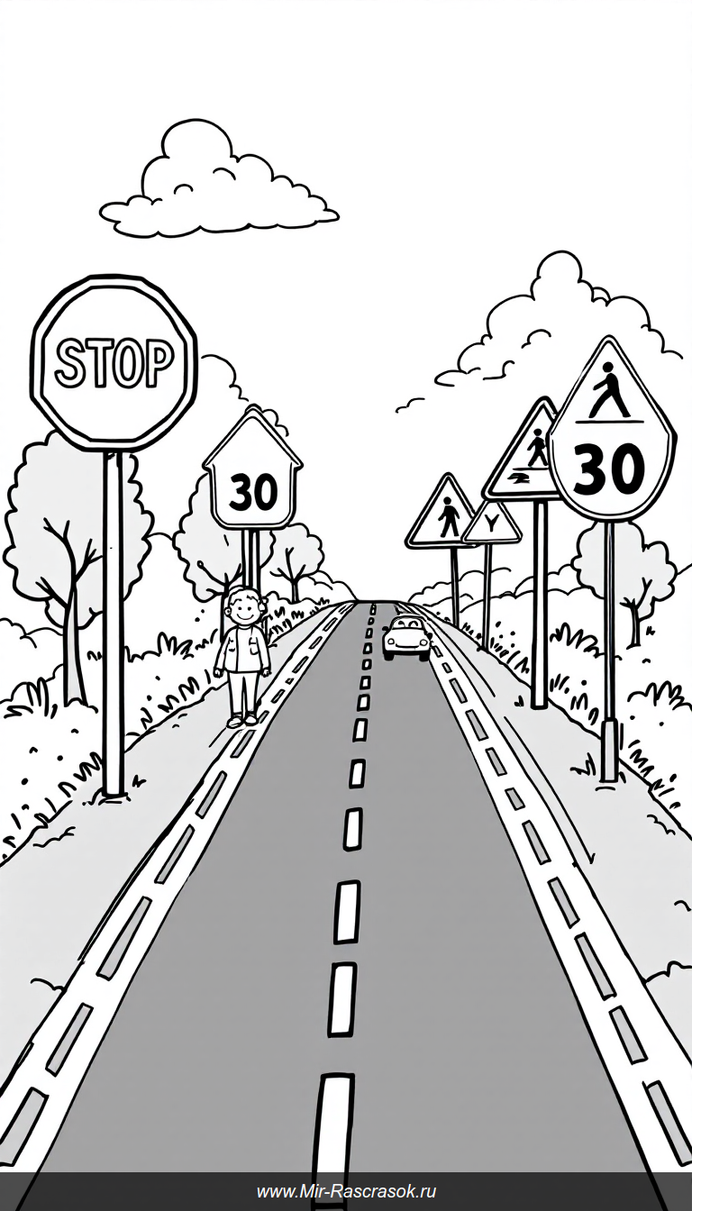 Раскраска дороги с дорожными знаками и весёлыми героями для детей