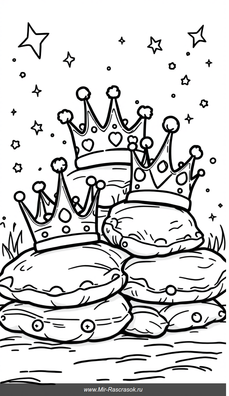 Короны на подушках Раскраска для детей с простыми формами и магией