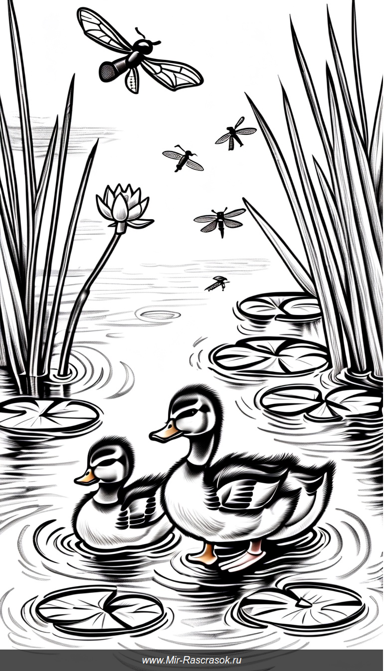 Маленькие утята у пруда раскраска с бабочками и кувшинками