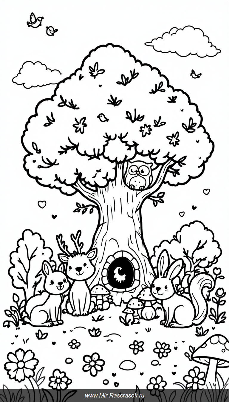 Веселый лес с дружелюбными животными раскраска для малышей