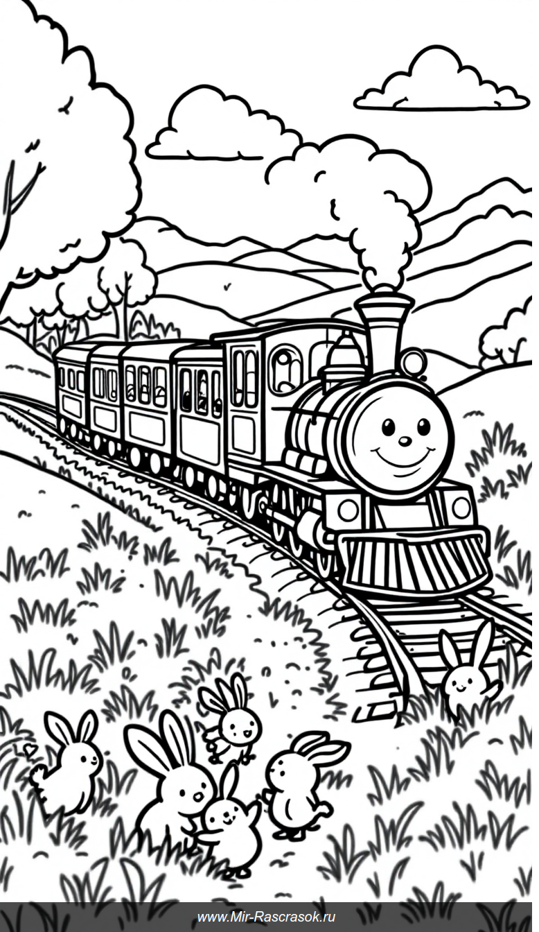 Весёлый паровозик в деревенском пейзаже для детской раскраски