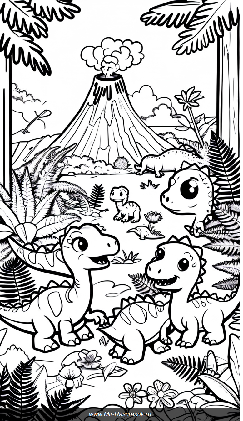 Милые маленькие динозавры играют в доисторическом саду раскраска для детей