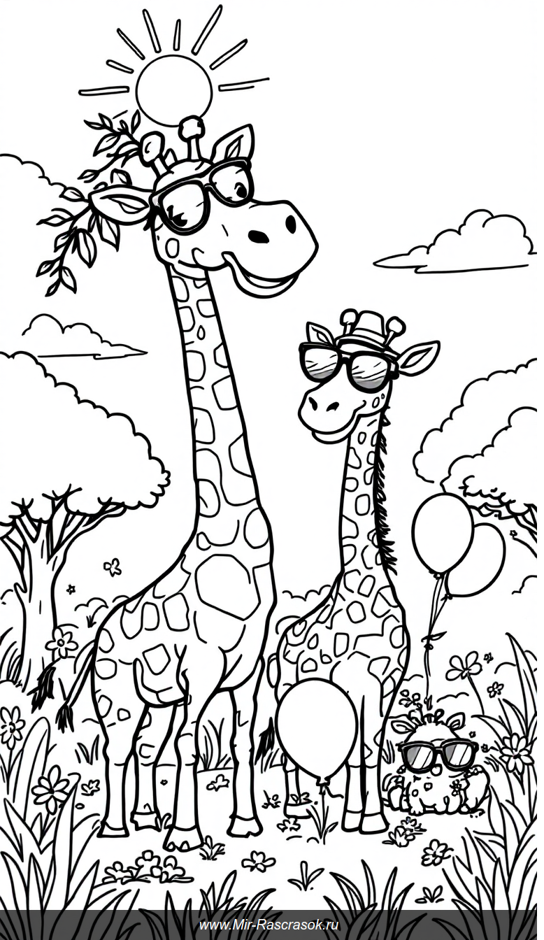 Весёлая раскраска с жирафами на солнечной саванне для детей