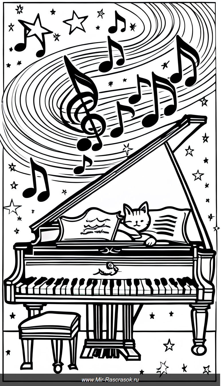 Волшебный мир музыки и кота в черно-белой раскраске
