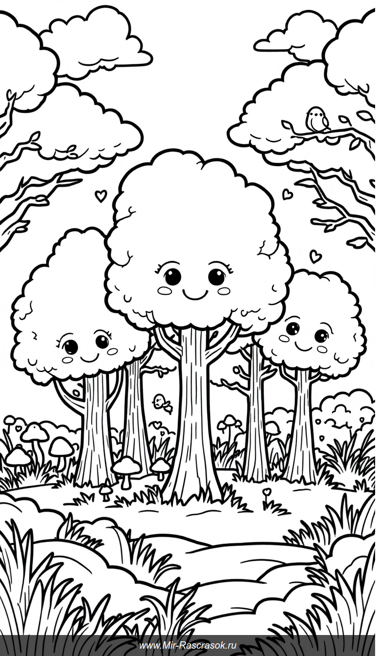 Дружелюбный лес с улыбающимися деревьями для детской раскраски