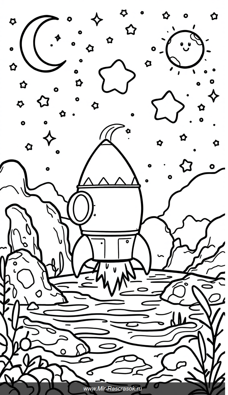 Веселый космический раскрасочный мир для детей с ракетой и астронавтом