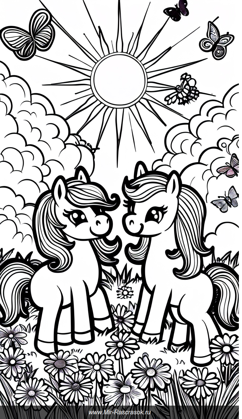 Раскраска с тремя милыми пони на лугу с цветами и бабочками