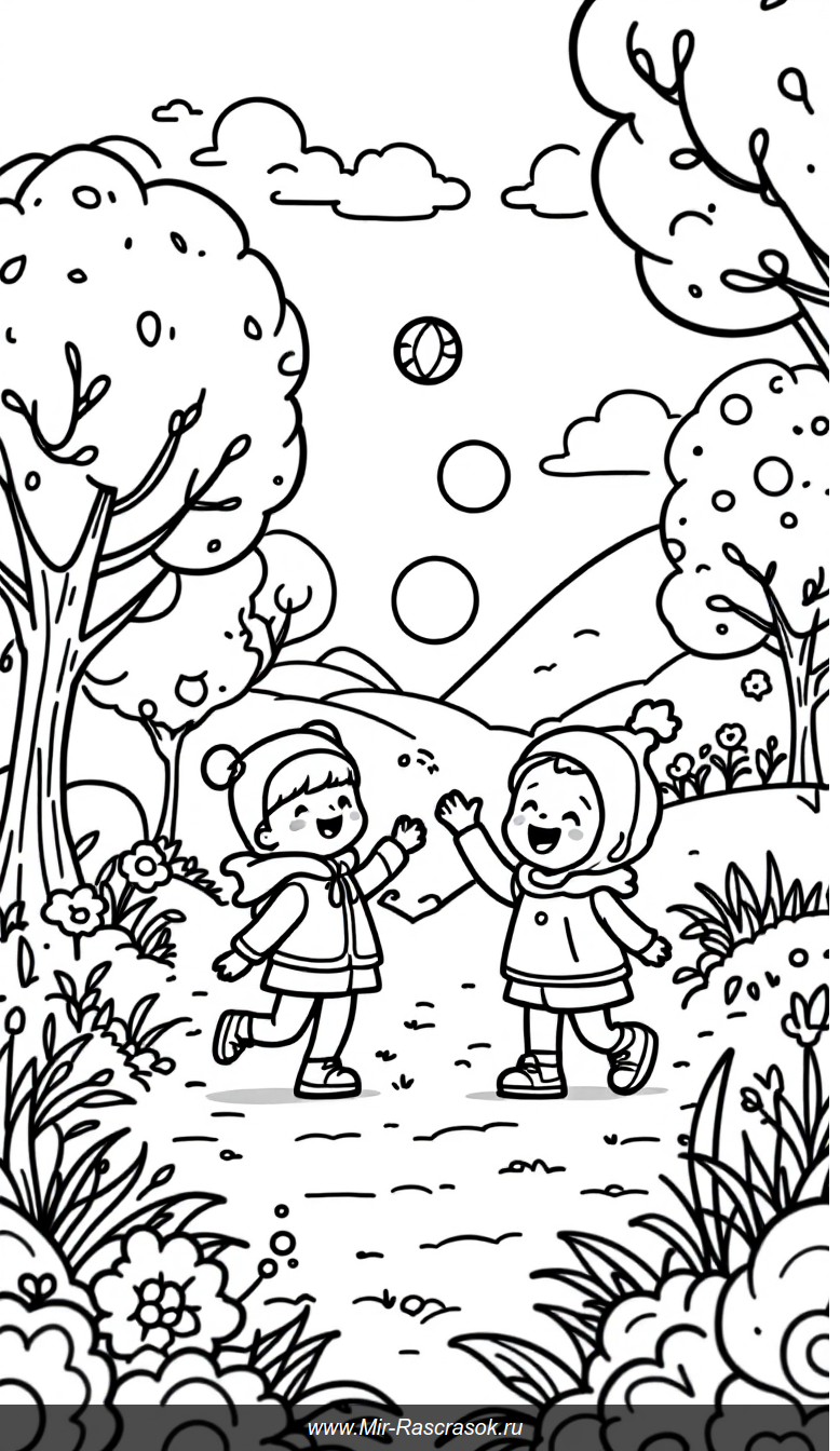 Весёлые герои в парке Раскраска для детей с простыми контурами