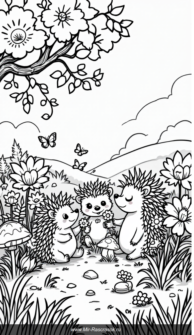 Веселые ежики на лугу Раскраска для малышей