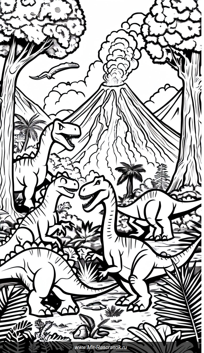 Ожившая динозавров сцена для раскраски среди древних деревьев и вулканов