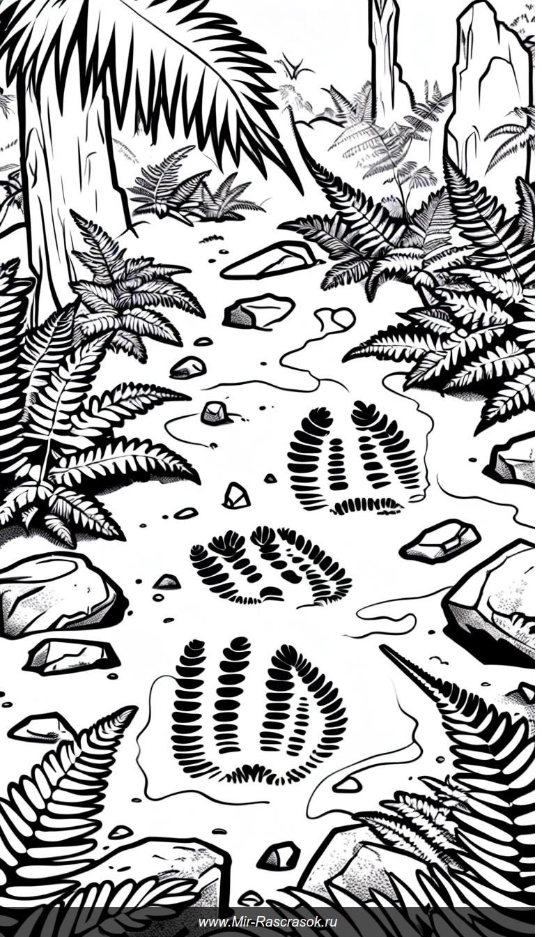 Раскраска с доисторическими следами динозавров и природой для детей