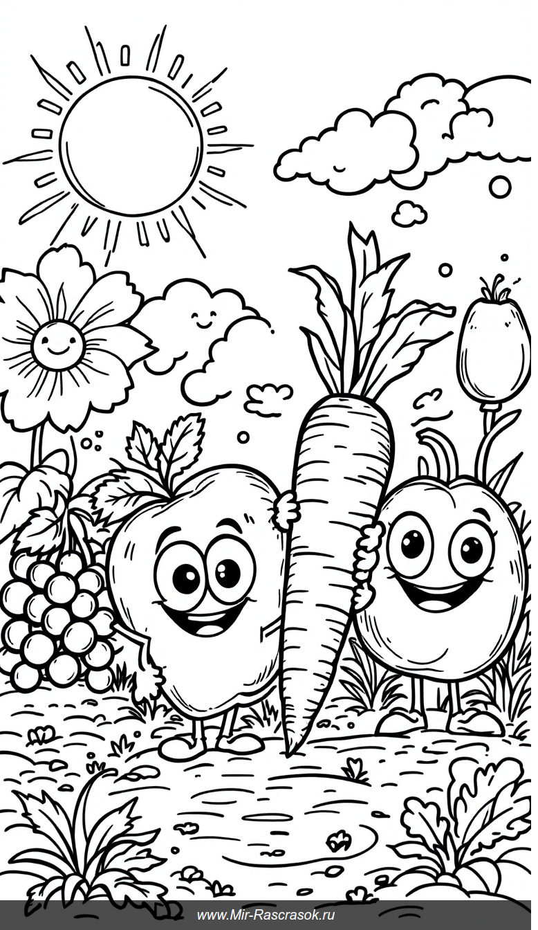 Веселый сад с улыбающимися фруктами и овощами для раскраски детей