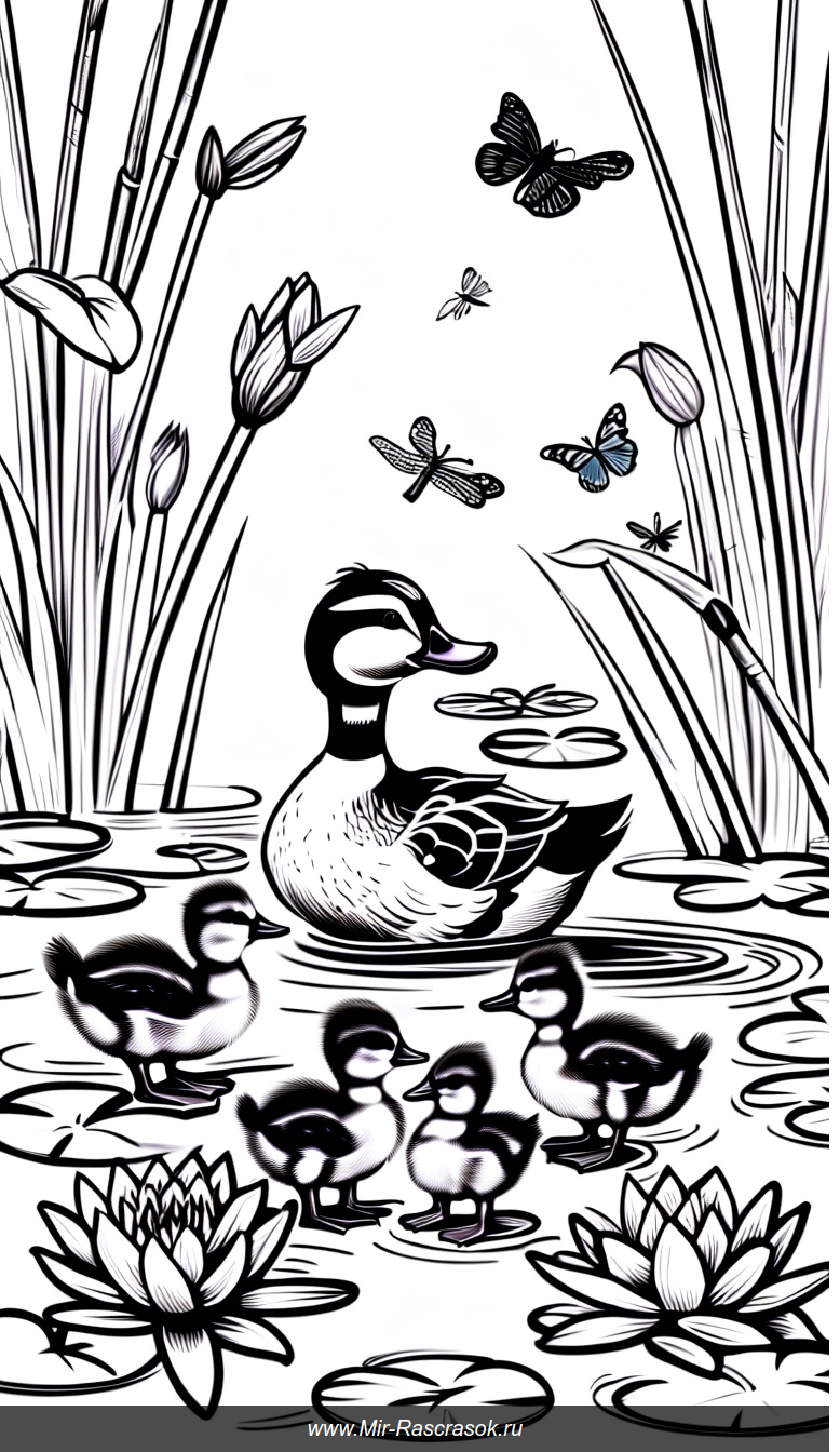 Раскраска с уткой и пушистыми утятами у пруда с лилиями и стрекозами