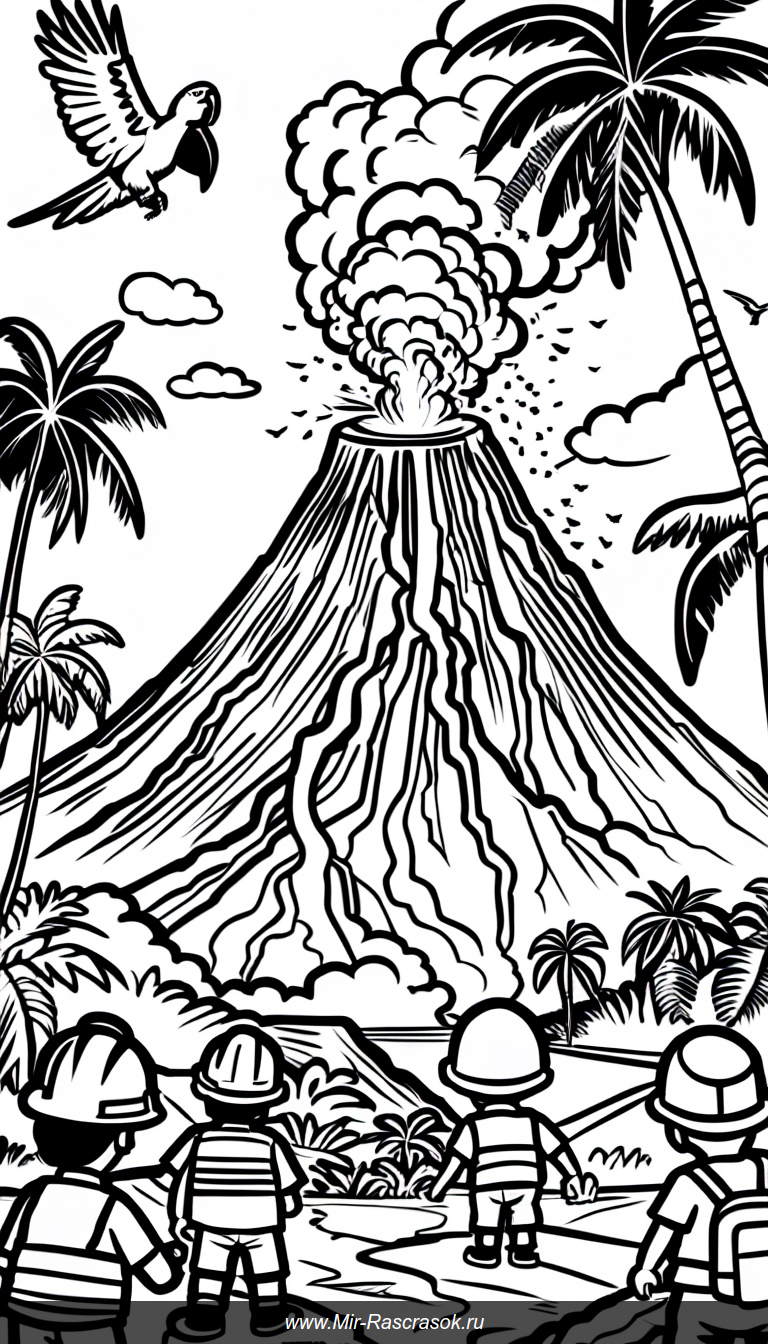 Раскраска с извержением вулкана и приключениями детей в тропиках