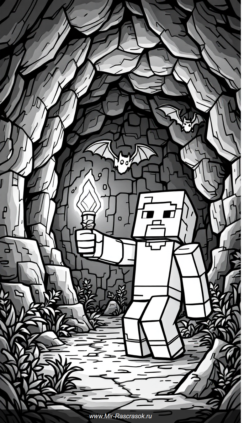 Раскраска Майнкрафт Исследование дружелюбной пещеры для детей