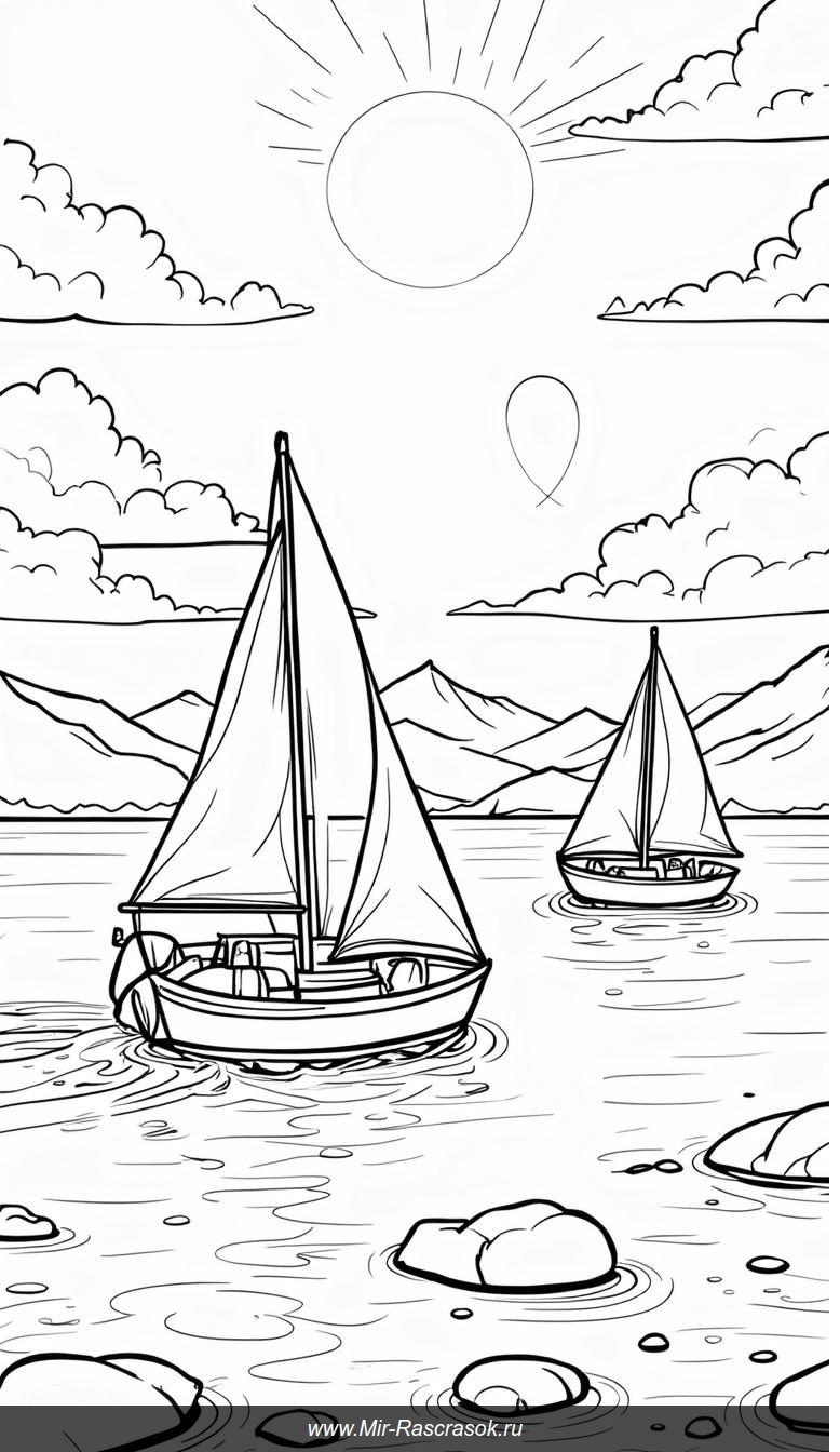 Озеро с парусниками и горами для раскрашивания