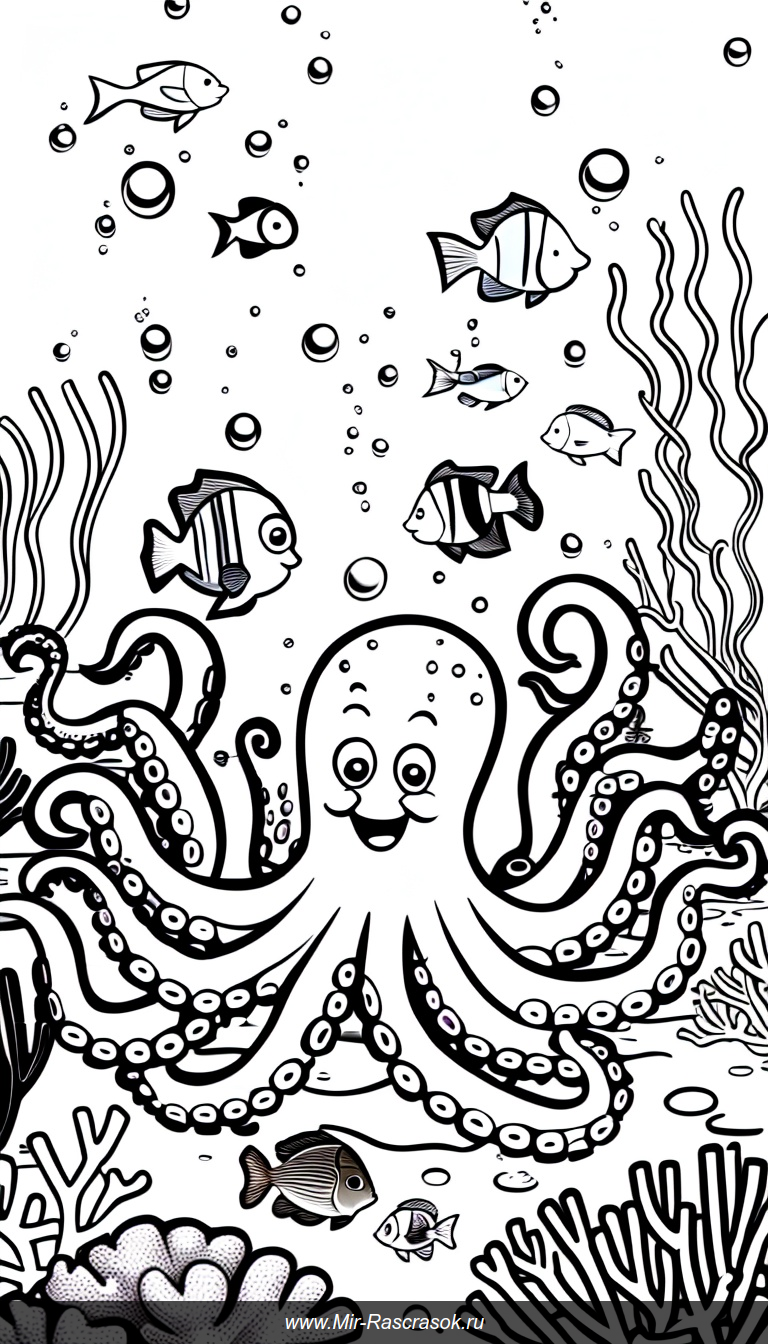 Весёлые осьминоги играют под морем Раскраска с друзьями и морскими жителями