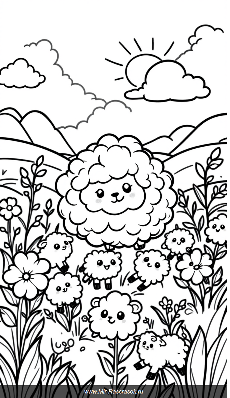 Весёлая овечка и звонкие ягнята на солнечной лужайке для раскраски