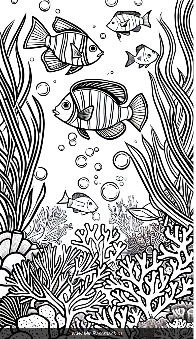 Раскраска с живым подводным миром и множеством рыб среди кораллов и пузырьков