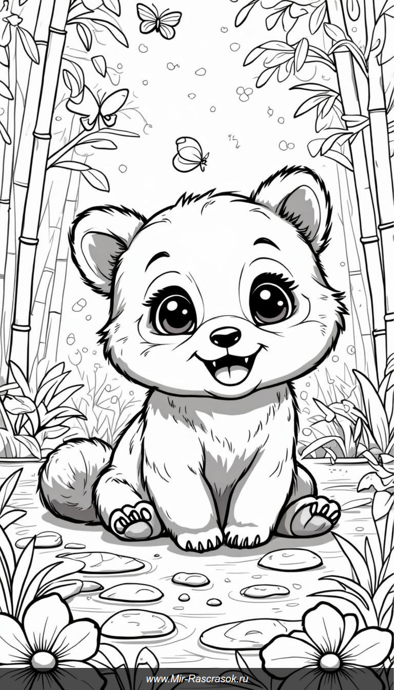 Панда в бамбуковом лесу дружит с природой и бабочками