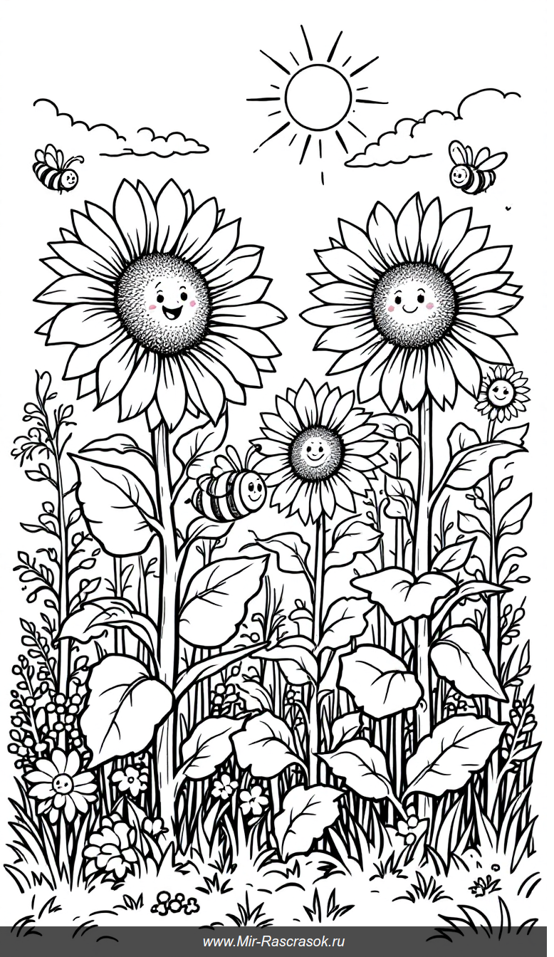 Раскраска для детей Солнечный сад с подсолнухами и веселыми пчелками