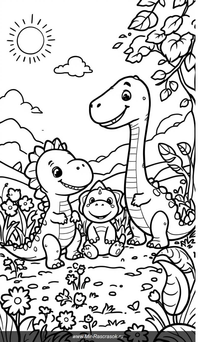 Веселые малыши динозавры играют в доисторическом поле для раскраски