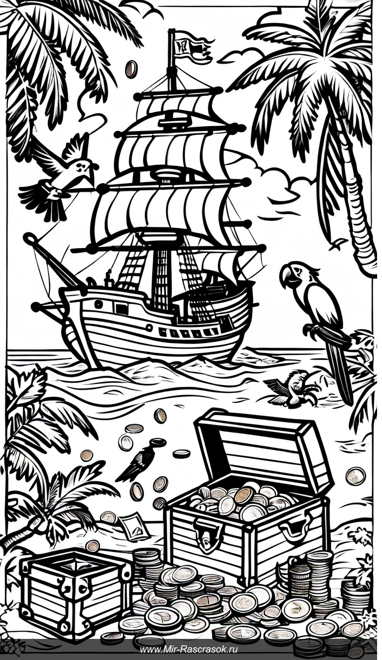 Пиратские приключения раскраска охота за сокровищами остров и корабль