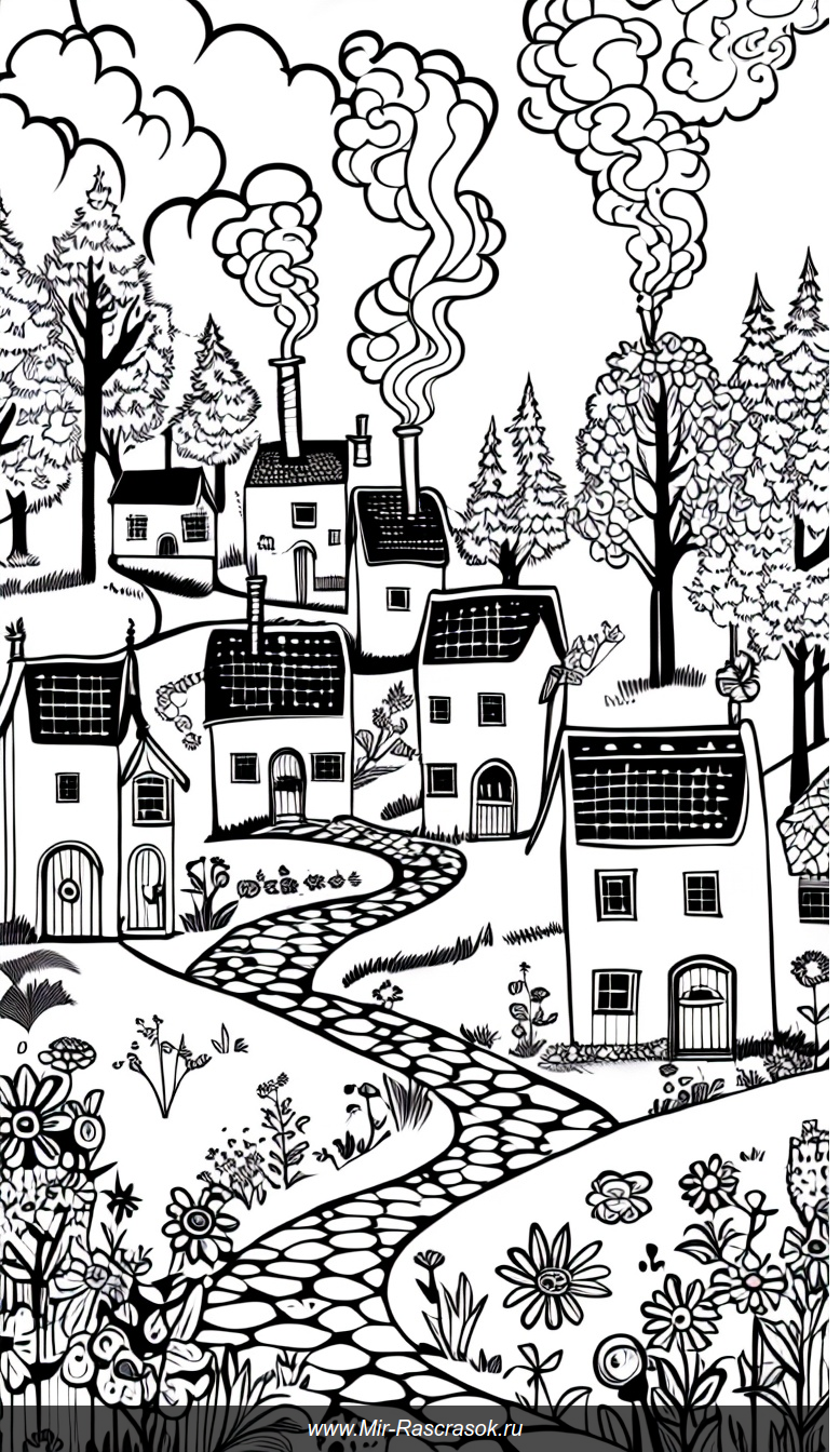 Очаровательная деревня для раскрашивания с уютными домами дымящимися трубами и живописной природой