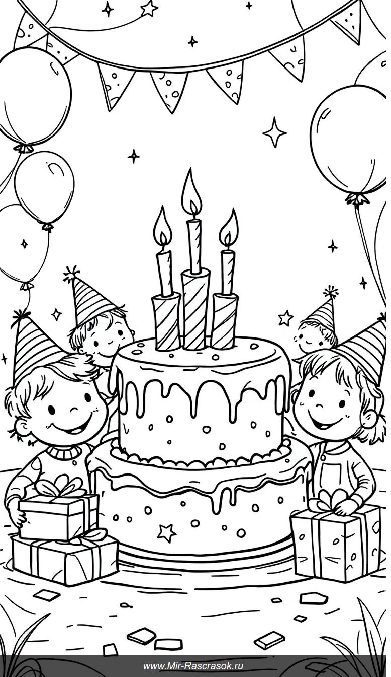 Весёлый день рождения для детей Раскраска с тортом свечами и подарками