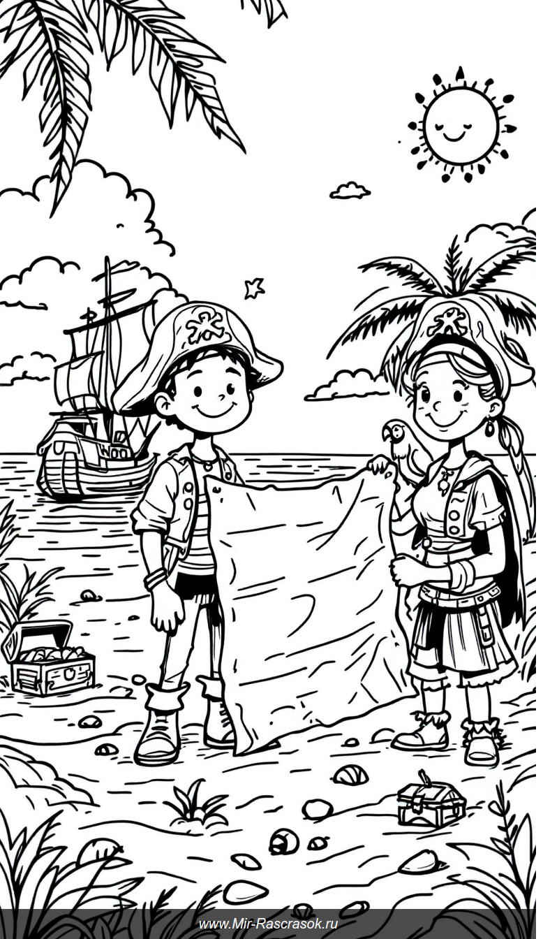Весёлое пиратское приключение для детей в раскраске на пляже