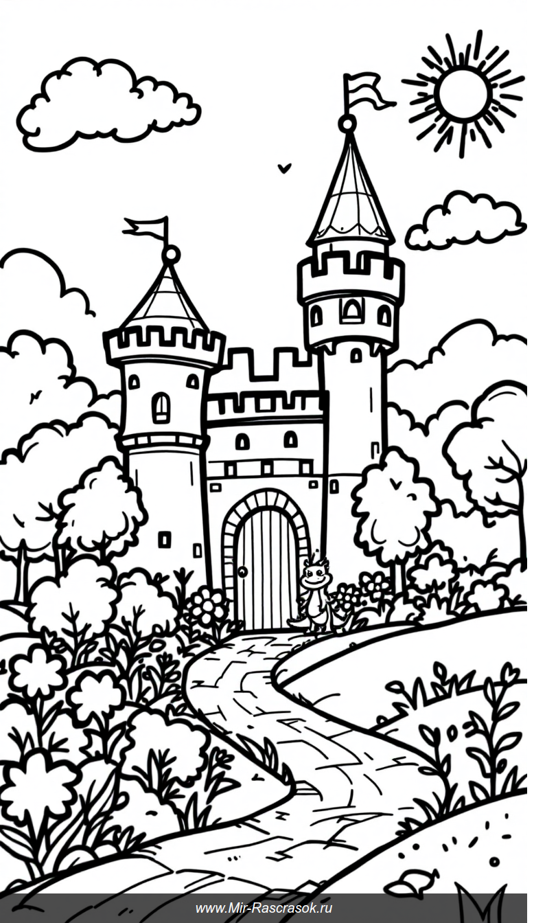 Весёлый замок и дружелюбный дракон в раскраске для детей