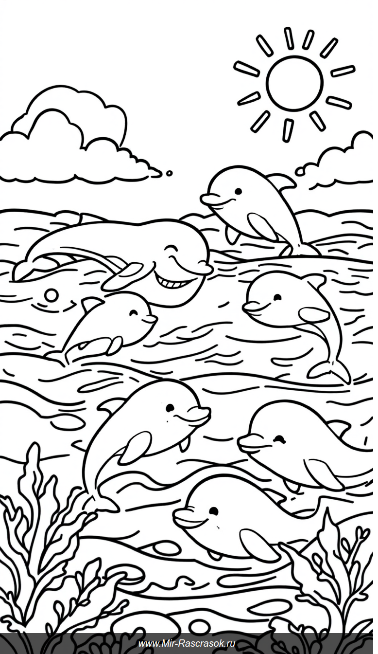 Радостный океан: дружелюбные дельфины и улыбающиеся киты для детской раскраски