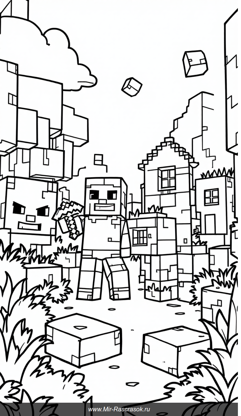 Раскраска для детей Майнкрафт с добрыми Стивом и Крипером в простом блоковом мире