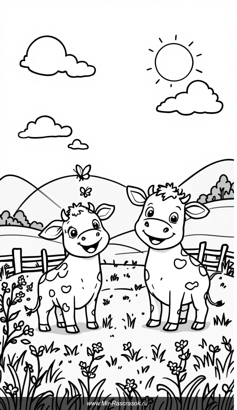 Веселая ферма с дружелюбными коровами для раскрашивания детям