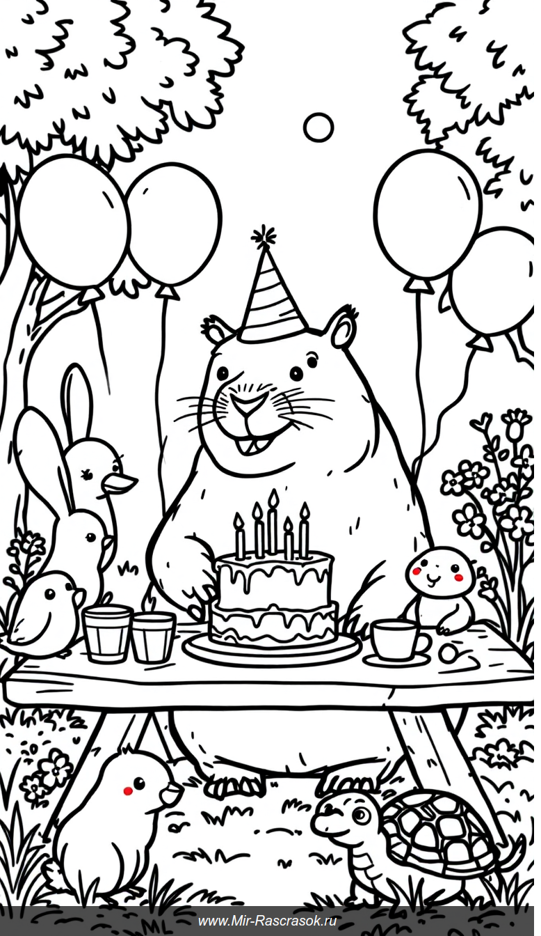 Весёлое днём рождения капибары и её друзей раскраска для детей