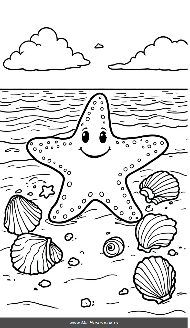 Радостный пляжный мотив для раскраски с улыбающейся морской звездой и ракушками