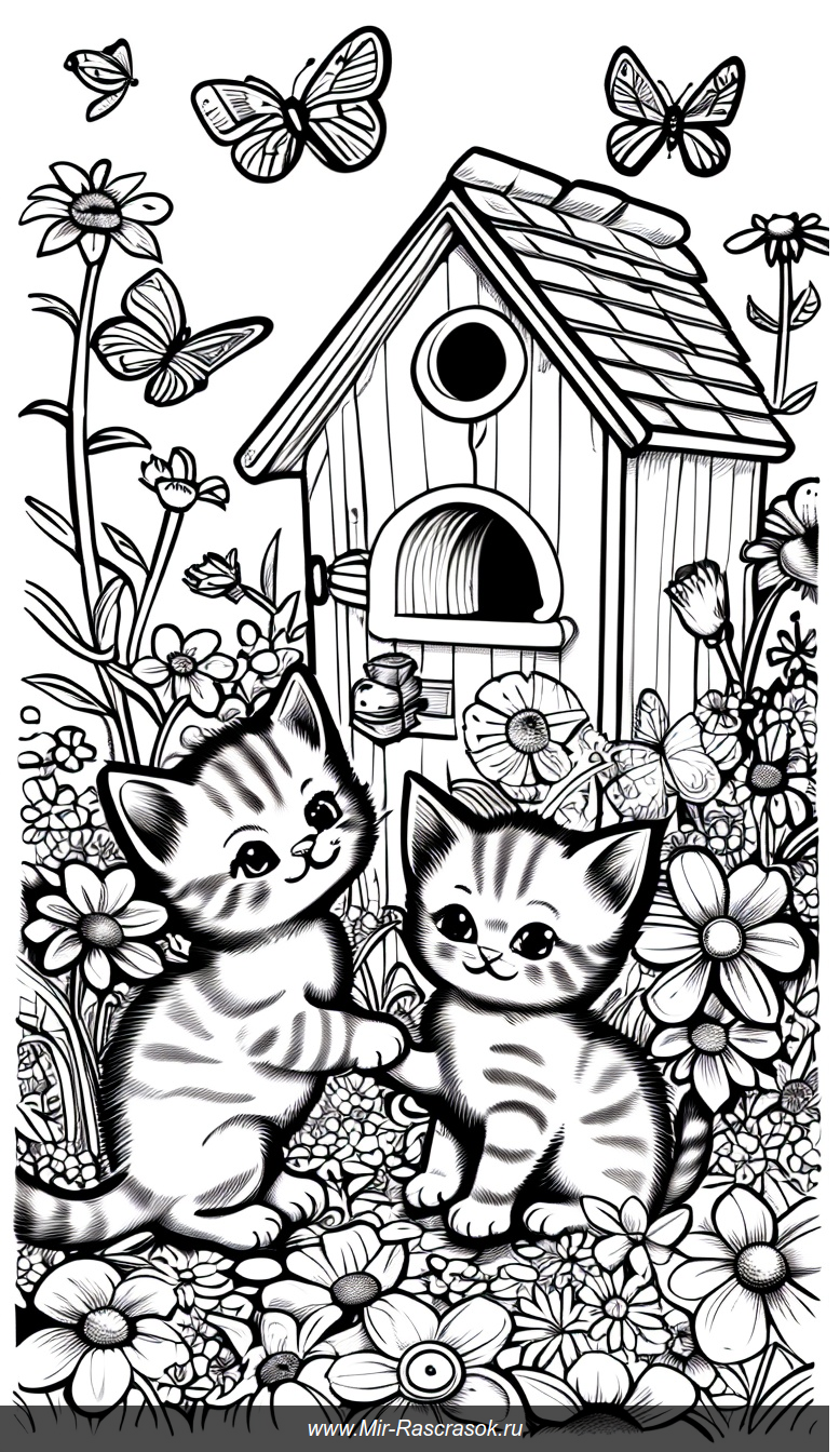 Раскраска с милыми котятами играющими в саду среди цветов и бабочек