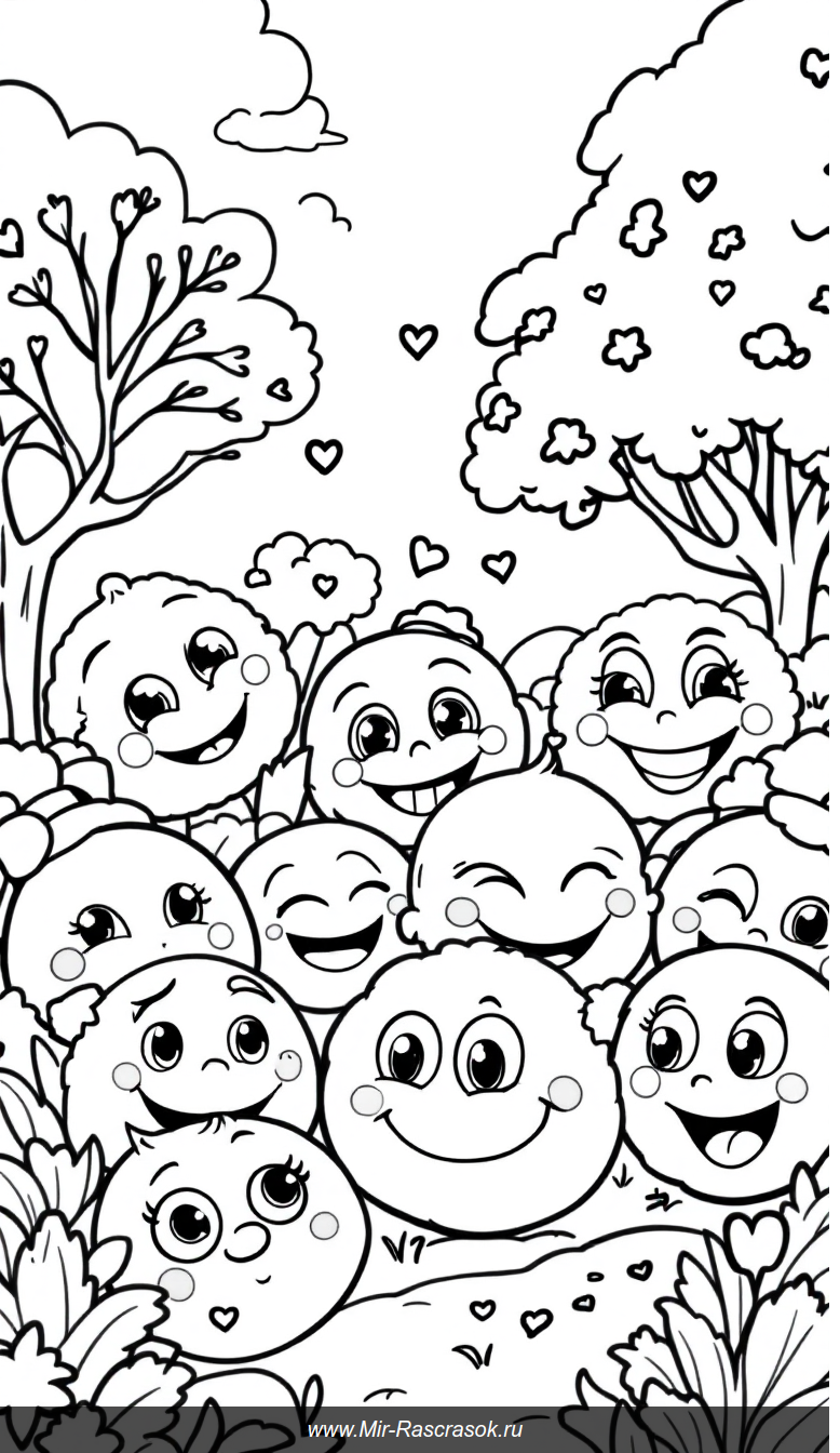Веселые смайлики в парке для раскрашивания детям