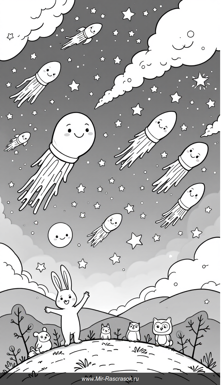 Ночное небо с улыбающимися кометами и веселыми животными для раскраски