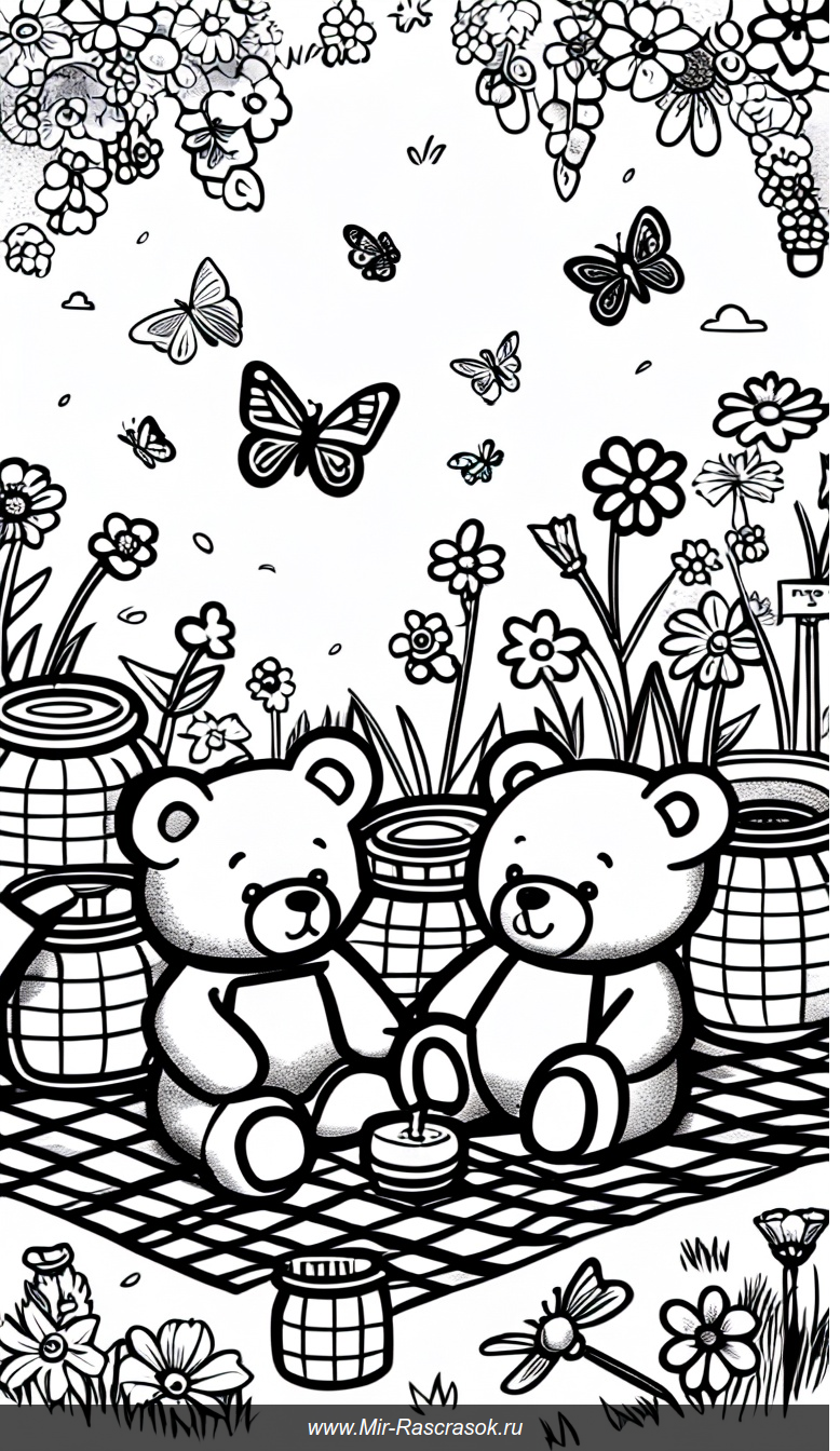 Уютный пикник мишек на раскраске с медовыми горшочками и цветами