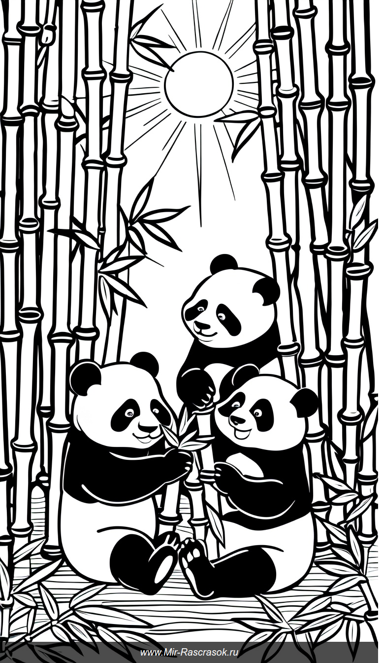 Раскраска с милыми пандами в бамбуковом лесу