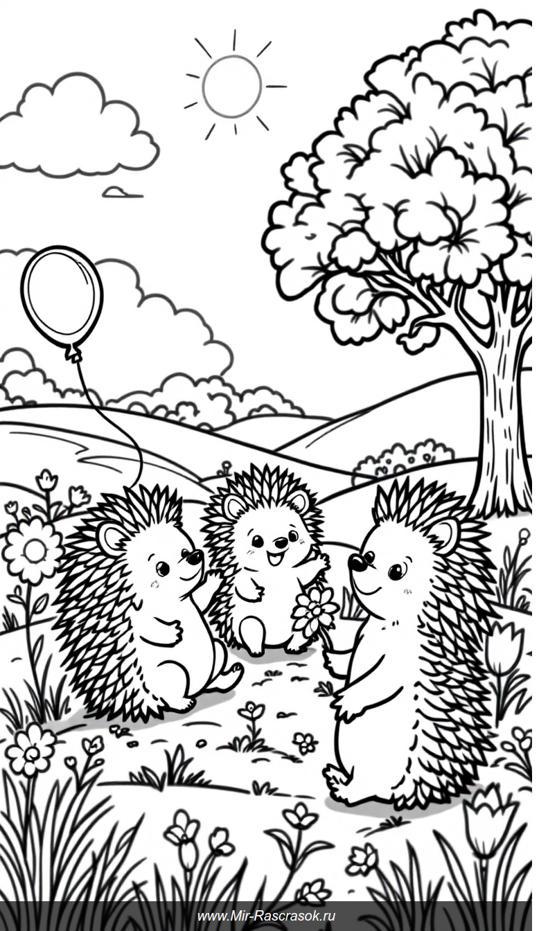 Веселые ёжики играют на солнечной лужайке в раскраске для детей