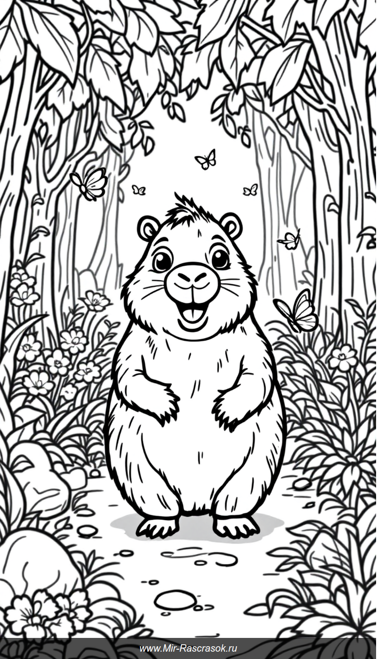 Дружелюбная капибара в джунглях раскраска для маленьких художников