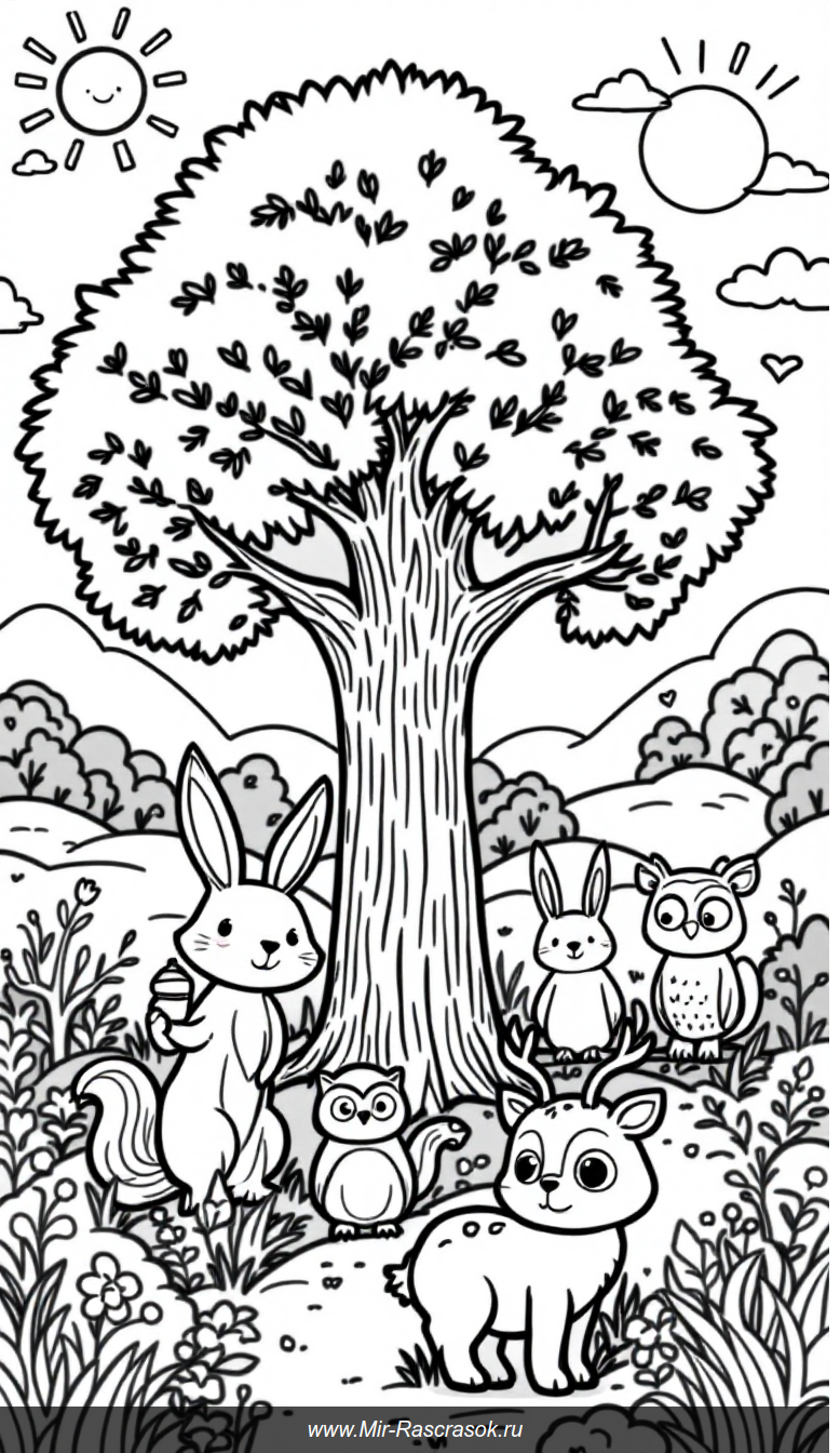 Волшебный лес: раскраска с дружелюбными животными и большим дубом