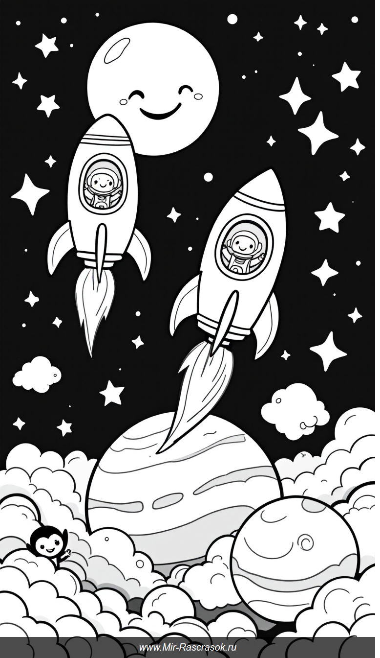 Веселое космическое путешествие для детской раскраски